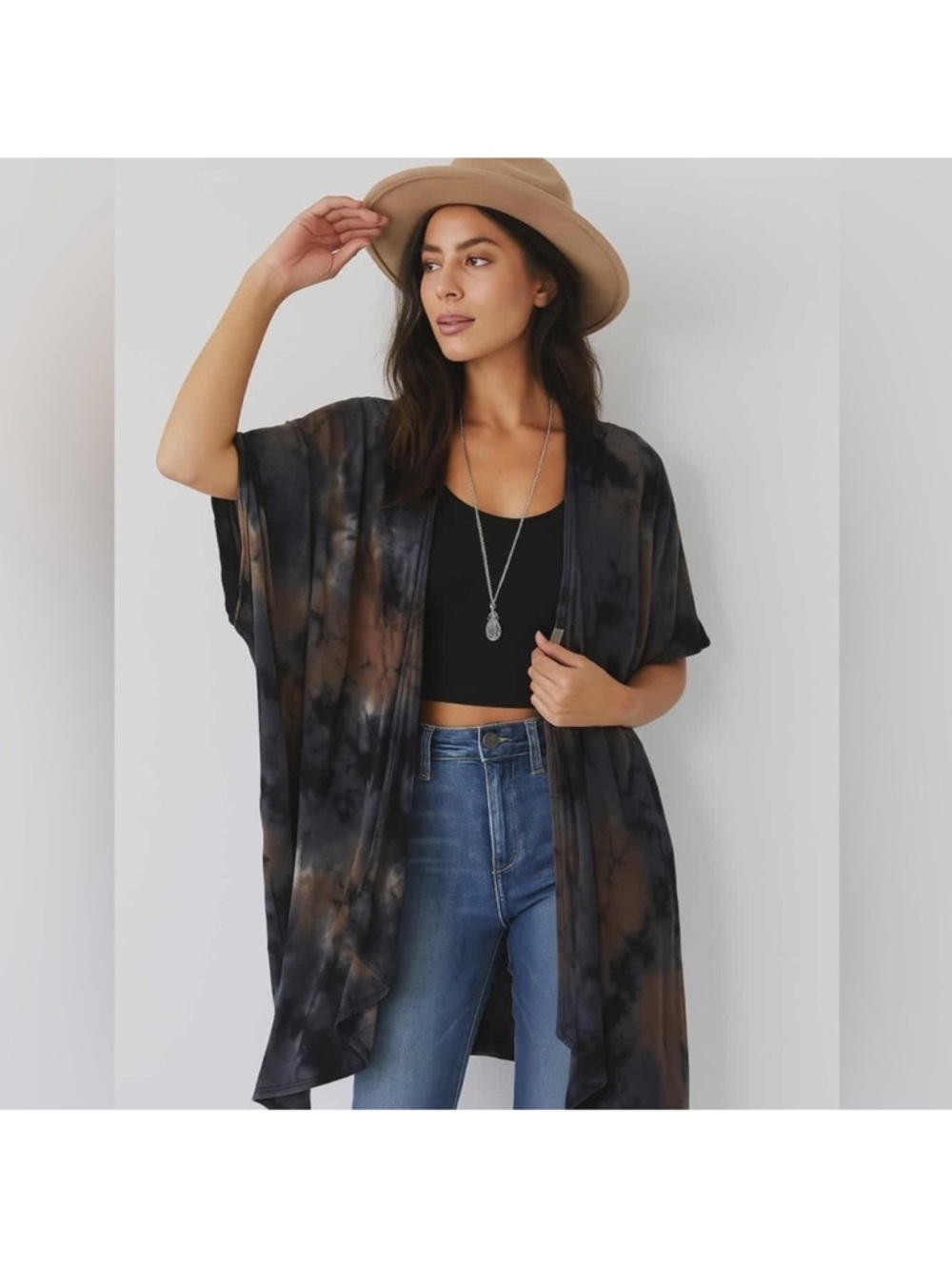 Mauve Tie-Dye Open Front Kimono - Brown & Black
